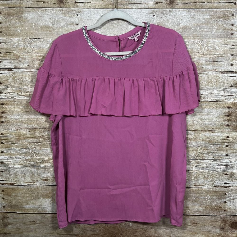 JUICY COUTURE FANCY RUFFLED JEWELED GLAM BLING OFFICE CAREER BLOUSE SIZE XL